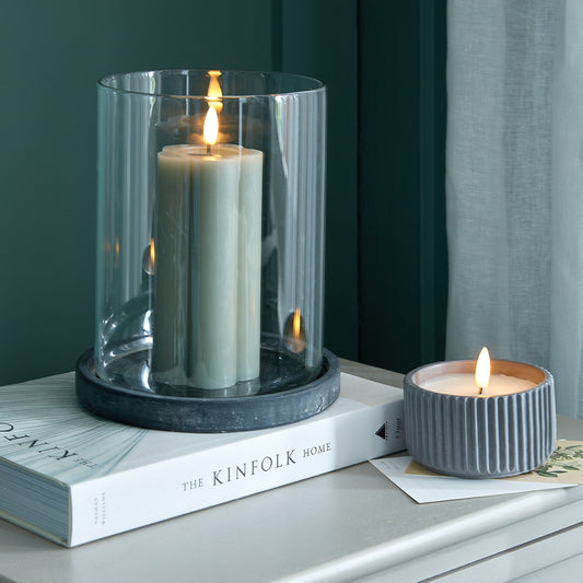 Amalfi Grey Large Ceramic & Glass Hurricane Candle Lantern