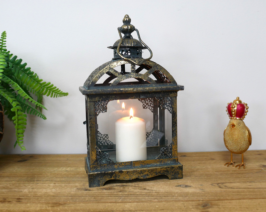 Arched Metal And Glass Lantern In Aged Gold
