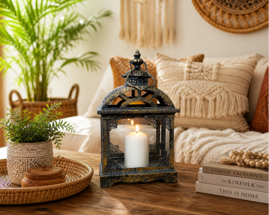 Arched Metal And Glass Lantern In Aged Gold